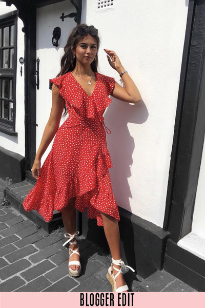 Sleeveless Midi Wrap Dress in Red Polka ...